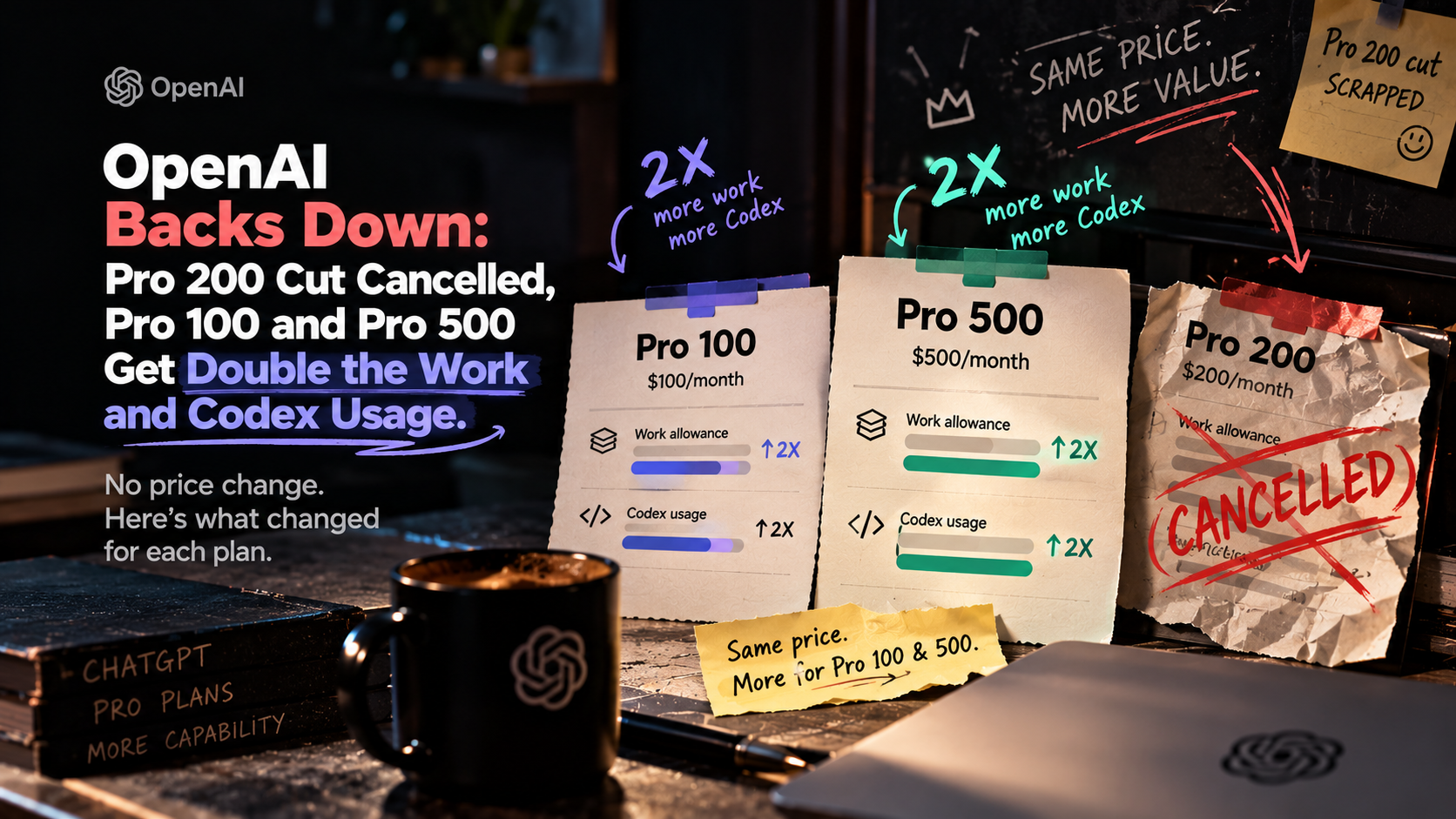 OpenAI Backs Down: Pro 200 Cut Cancelled, Pro 100 and Pro 500 Get Double the Work and Codex Usage